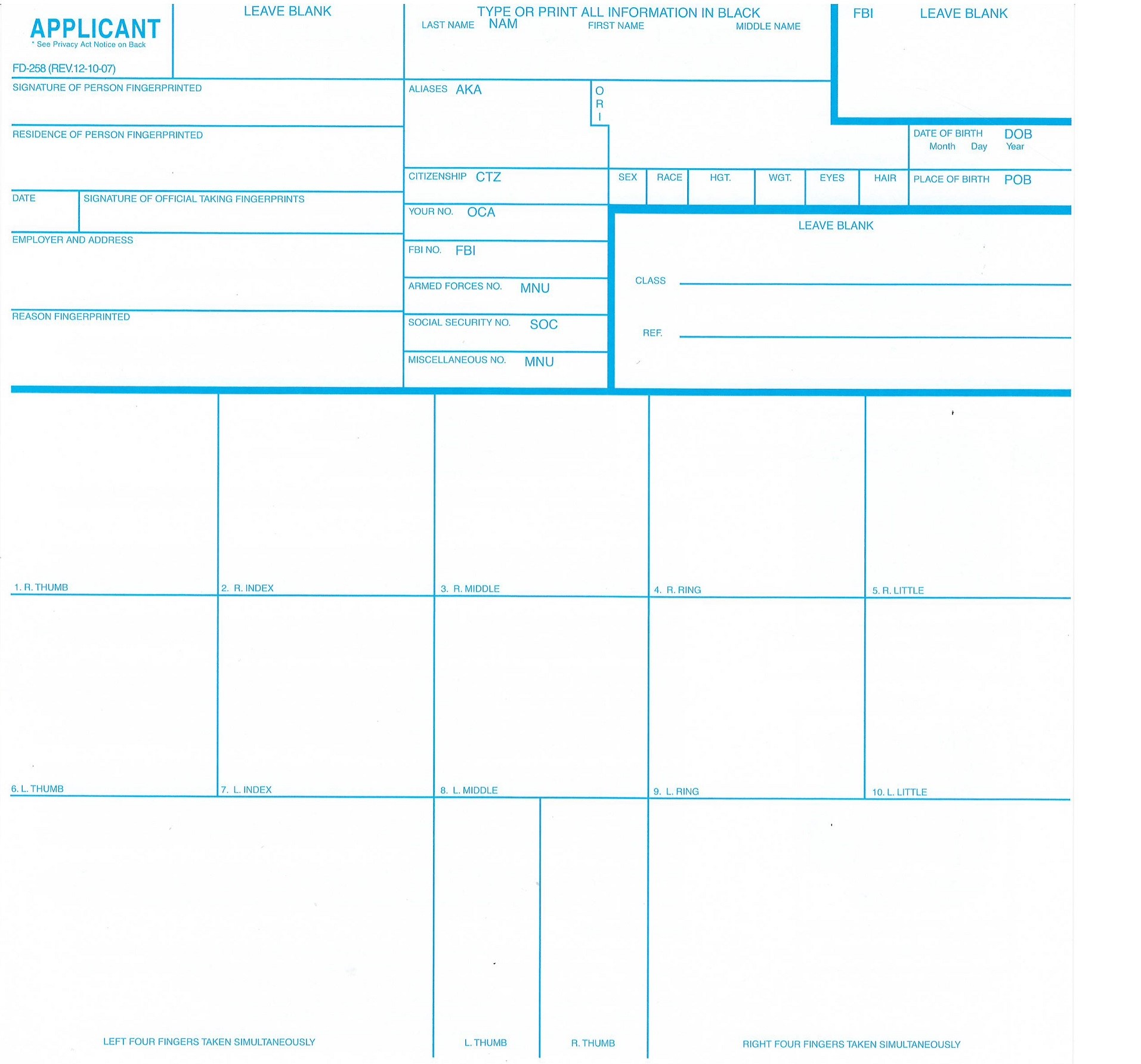 nursing 3 checks FBI  258, Form 3 â€“ FD Cards LIVESCAN Pack Fingerprint